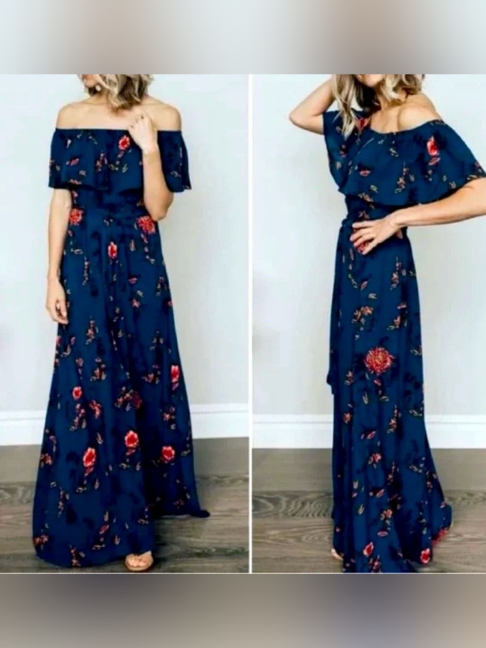 Baltic Born Marion Navy Floral Maxi Dress Size Small Off The Shoulder Ruffle